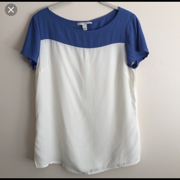 Blue white colorblock silk t shirt top - Picture 1 of 2